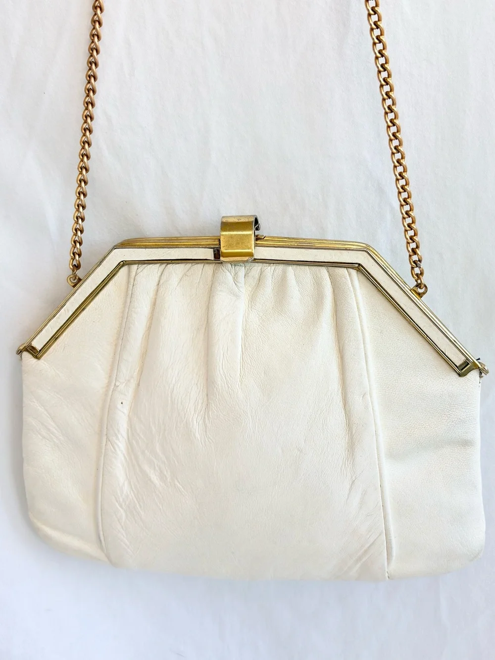 Mid-century White Genuine leather Diamond Shape Hinge Frame Two-Way Bag Vintage